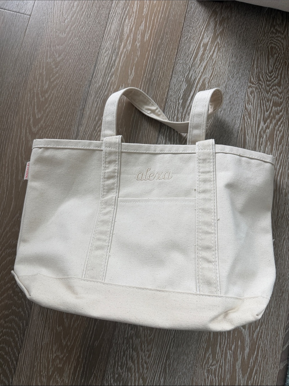Personalized Cream Canvas Tote Bag with Alexa Embroidery